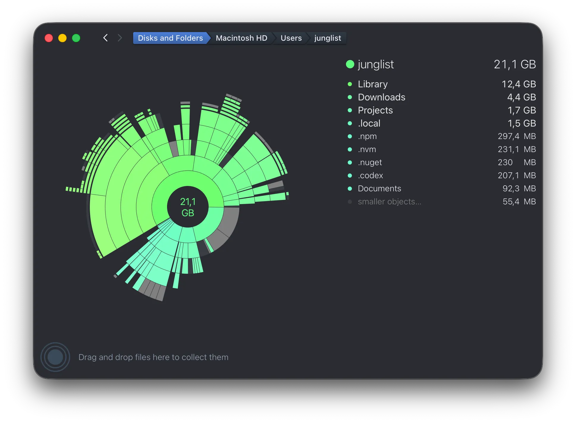DaisyDisk sunburst chart and folder list