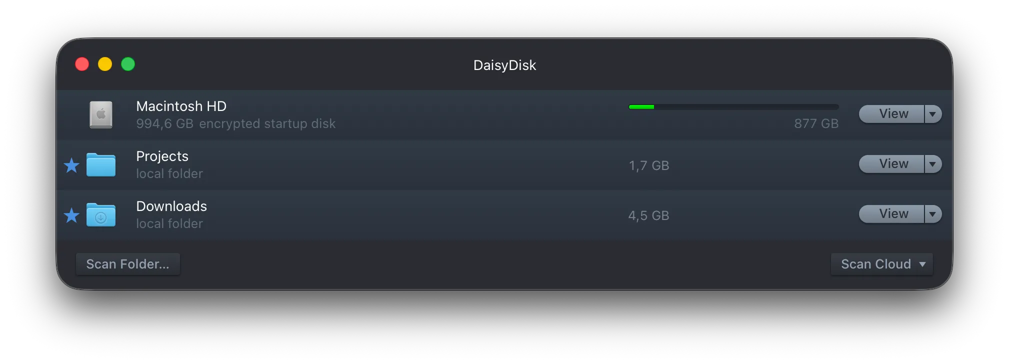 DaisyDisk showing a disk and two starred folders