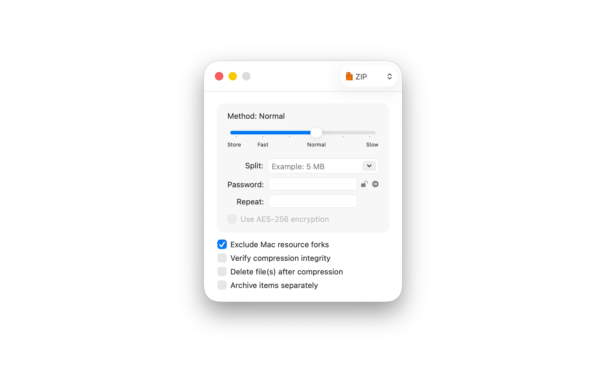Keka window for choosing an archive format and compression settings