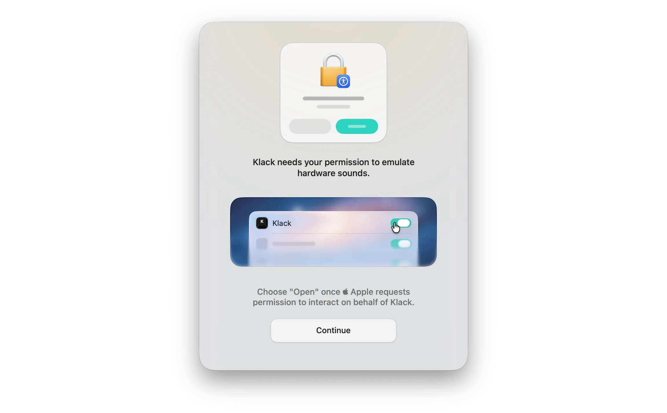 Klack onboarding screen requesting Accessibility permission
