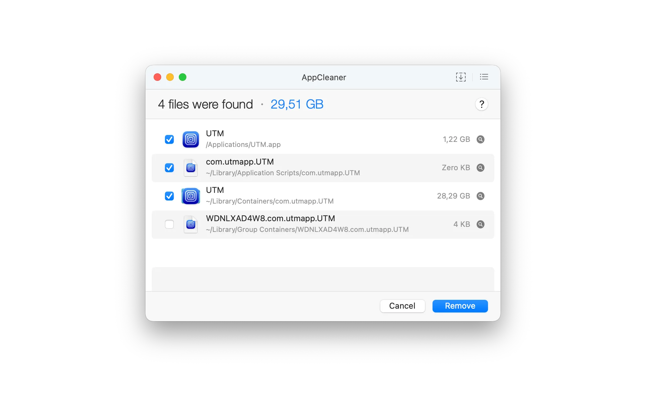AppCleaner showing UTM and its related files
